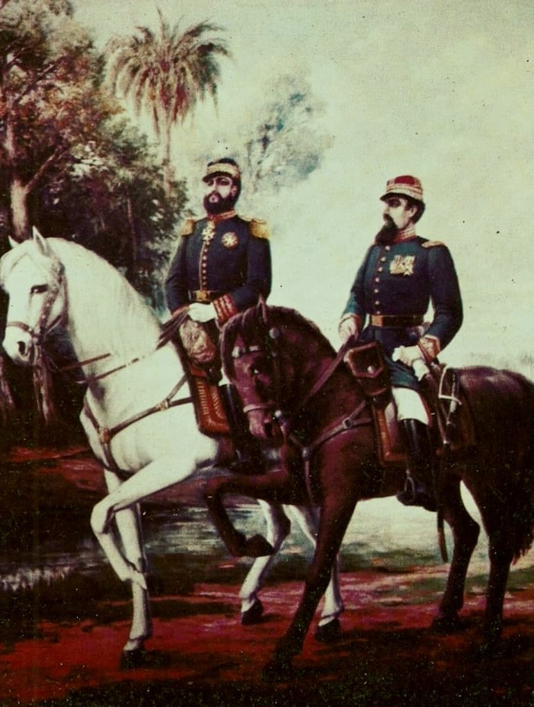El mariscal López (a la izquierda) y el general Díaz (a la derecha) cabalgando en un óleo de Héctor Da Ponte.