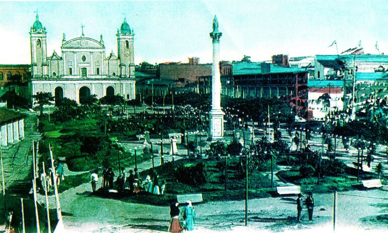 Vista de la Plaza de la Constitución y la explanada de la Catedral de Asunción en una postal de fines del siglo XIX. Colección del Ateneo Paraguayo.