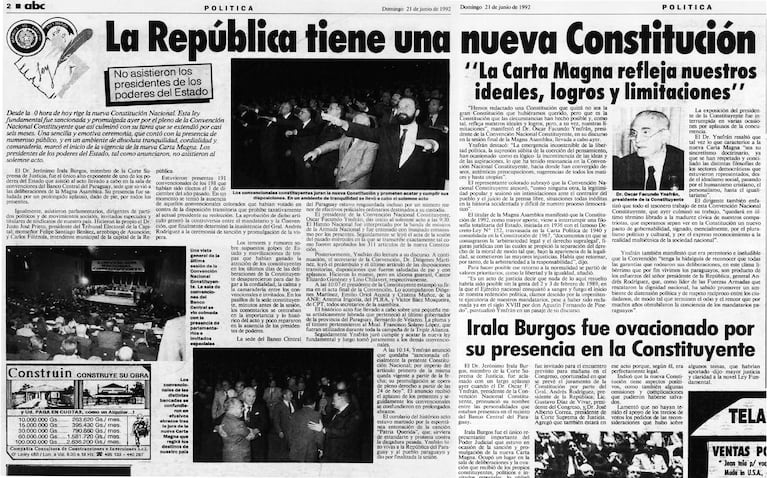 El domingo 21 de junio de 1992, ABC Color publicaba en sus páginas 2 y 3, un artículo sobre la nueva Constitución Nacional, sancionada y promulgada el día anterior.