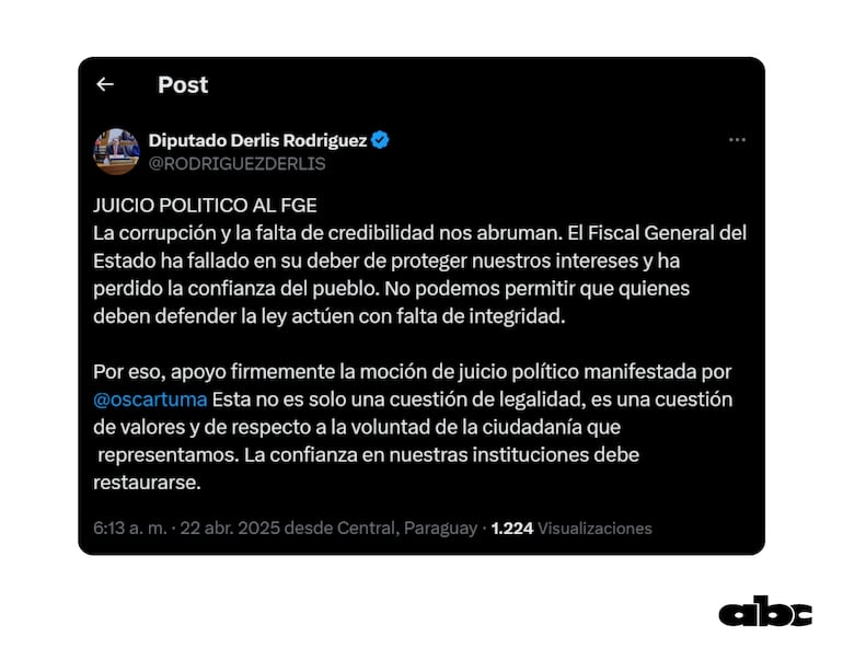 A criterio del cartista, corresponde el juicio político a Emiliano Rolón.